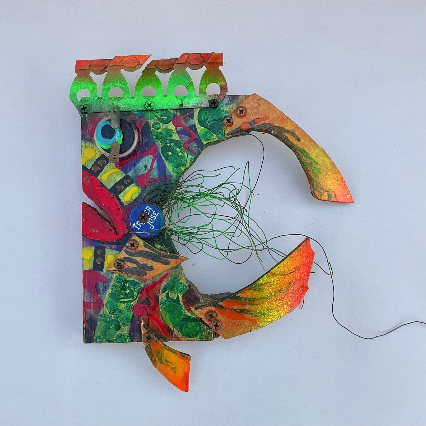 Small Wooden Fish- Eco/Mixed Media Art Rodrigo Consignment "Tropical Kisser" 11" x 9" x 2"