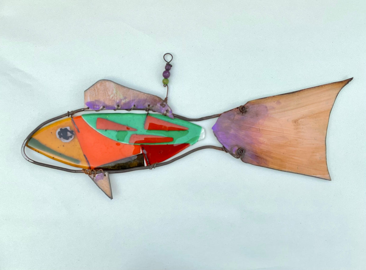 "Tan-Purple Tailed Medium Fish" Fused Glass and Metal Wired Glass Inventory