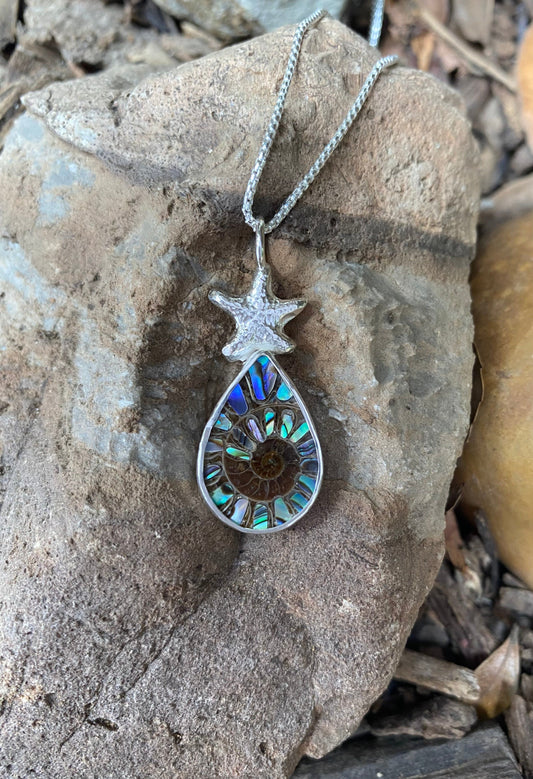 Teardrop Abalone Inlay Ammonite with Sea Star Sterling Necklace Amy Jahn Consignment