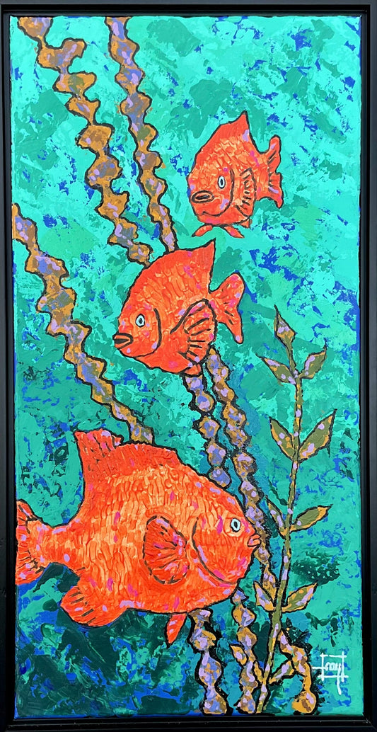 "Three Garibaldis In Kelp Forest" Original Acrylic Painting - Framed Ray Hart Consignment