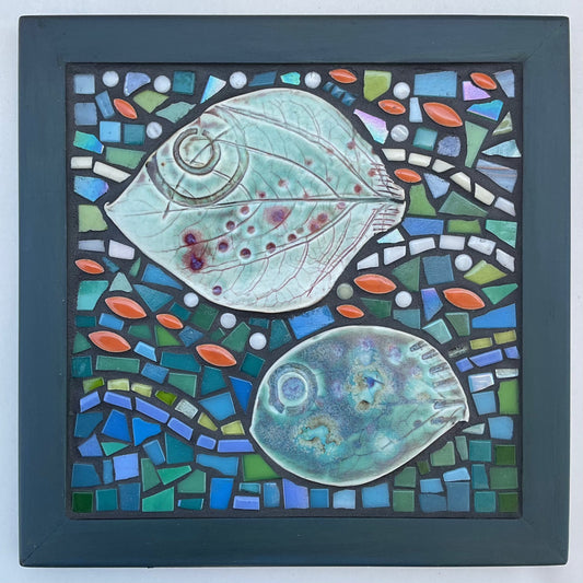 Two Fish Mosaic Square Panel - Framed Marion Dies Consignment