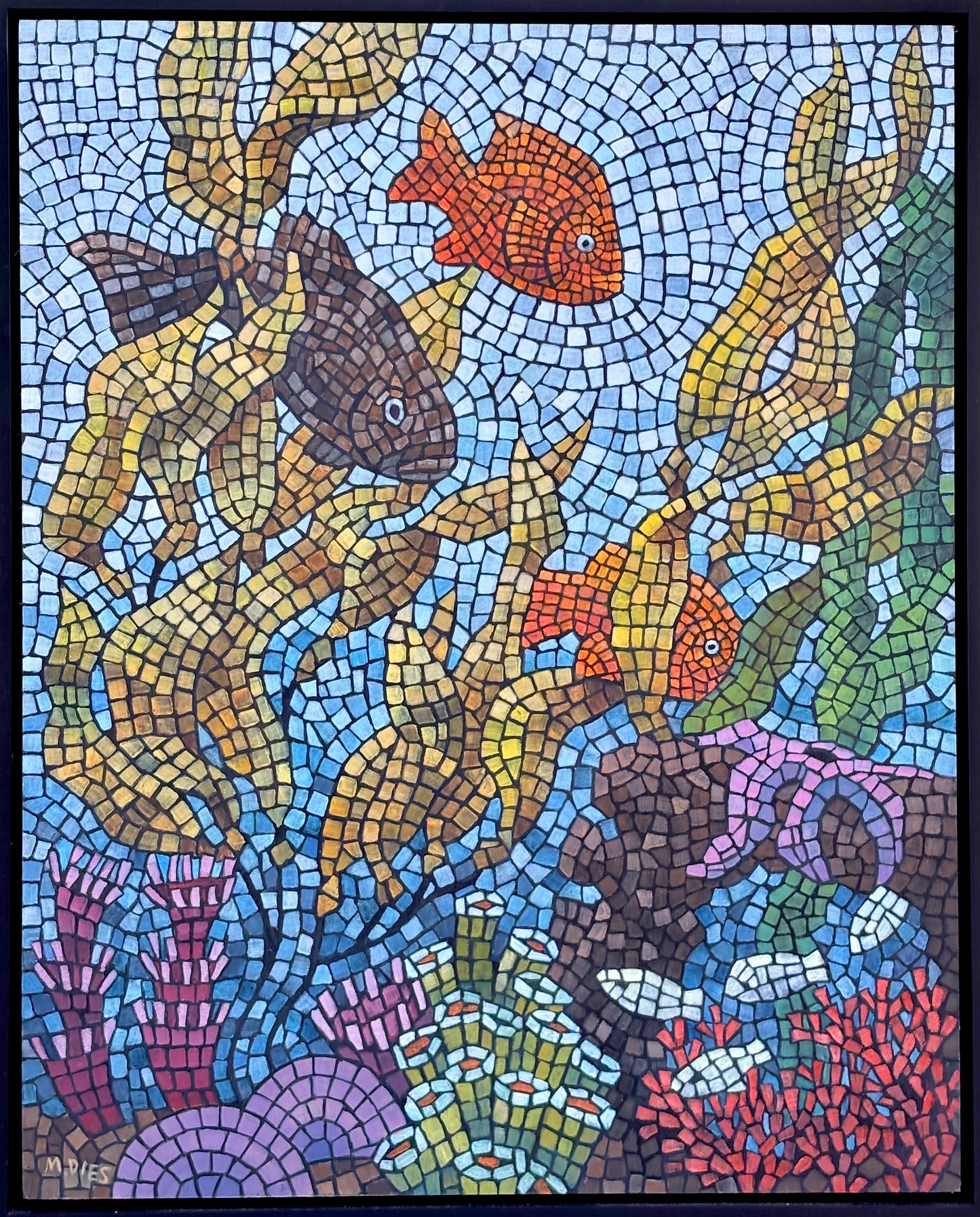 "Two Garibaldis and Seabass" Original Roman-Mosaic Inspired Painting Marion Dies Consignment