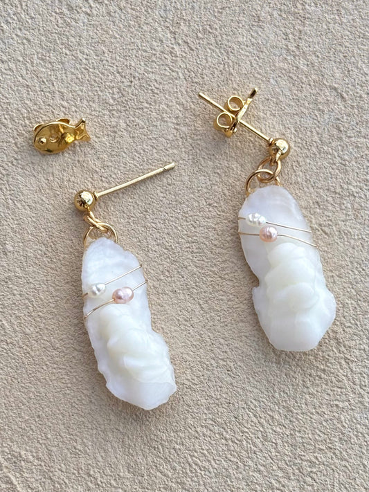 White Seabass Otolith and Pearl Drop Earrings -Large Magdalena Consignment 14K Gold Wire Wrapped with Pearls