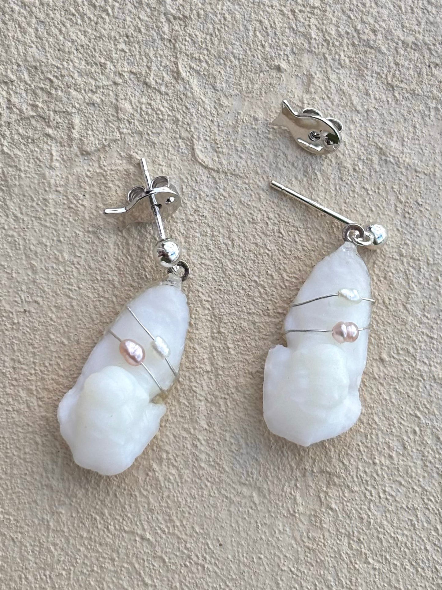 White Seabass Otolith and Pearl Drop Earrings -Large Magdalena Consignment Sterling Silver Wire Wrapped with Pearls