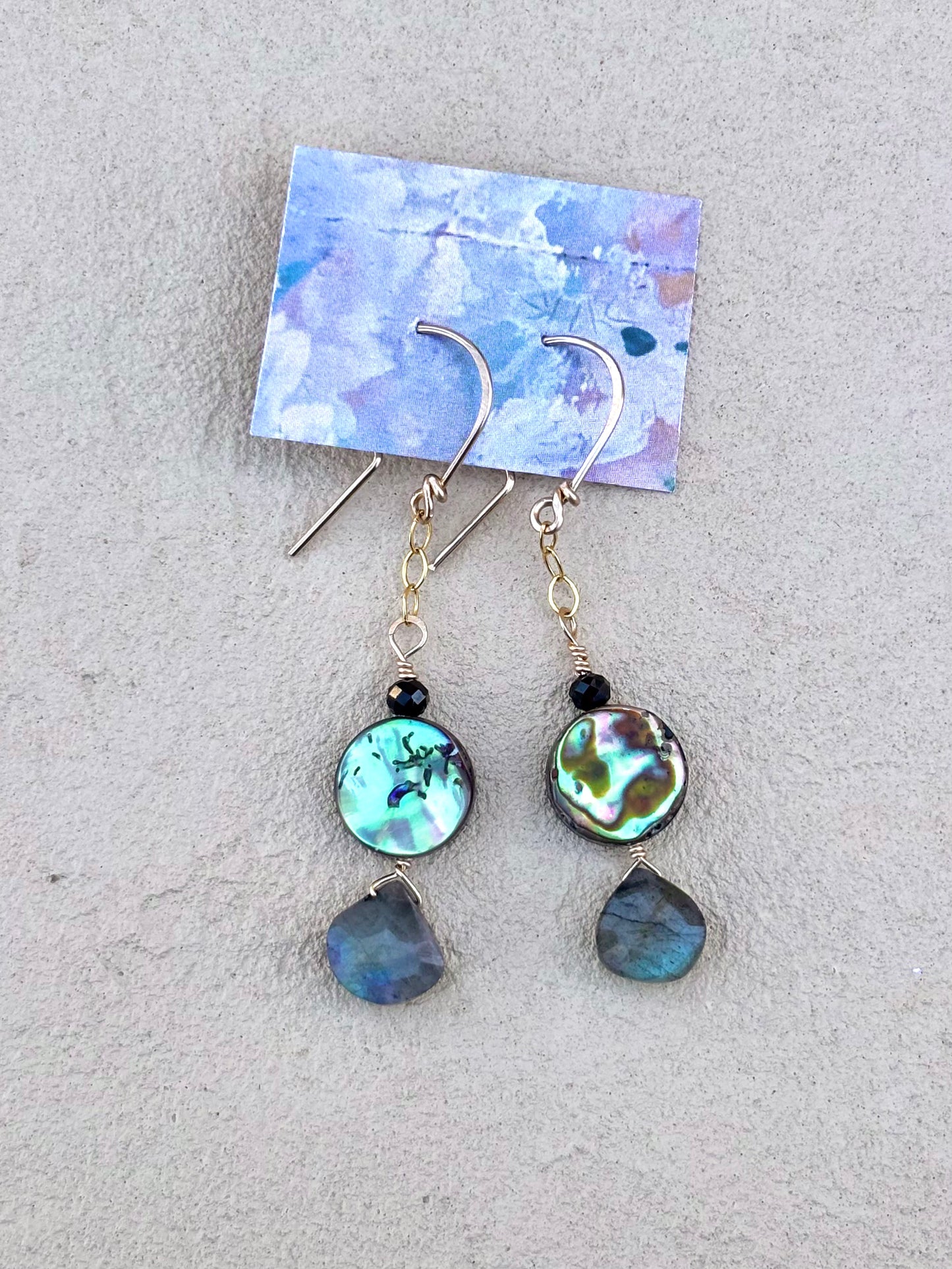 14K GF Abalone Shell Earrings Elise Peters Inventory Faceted Labradorite Onyx and Round Abalone