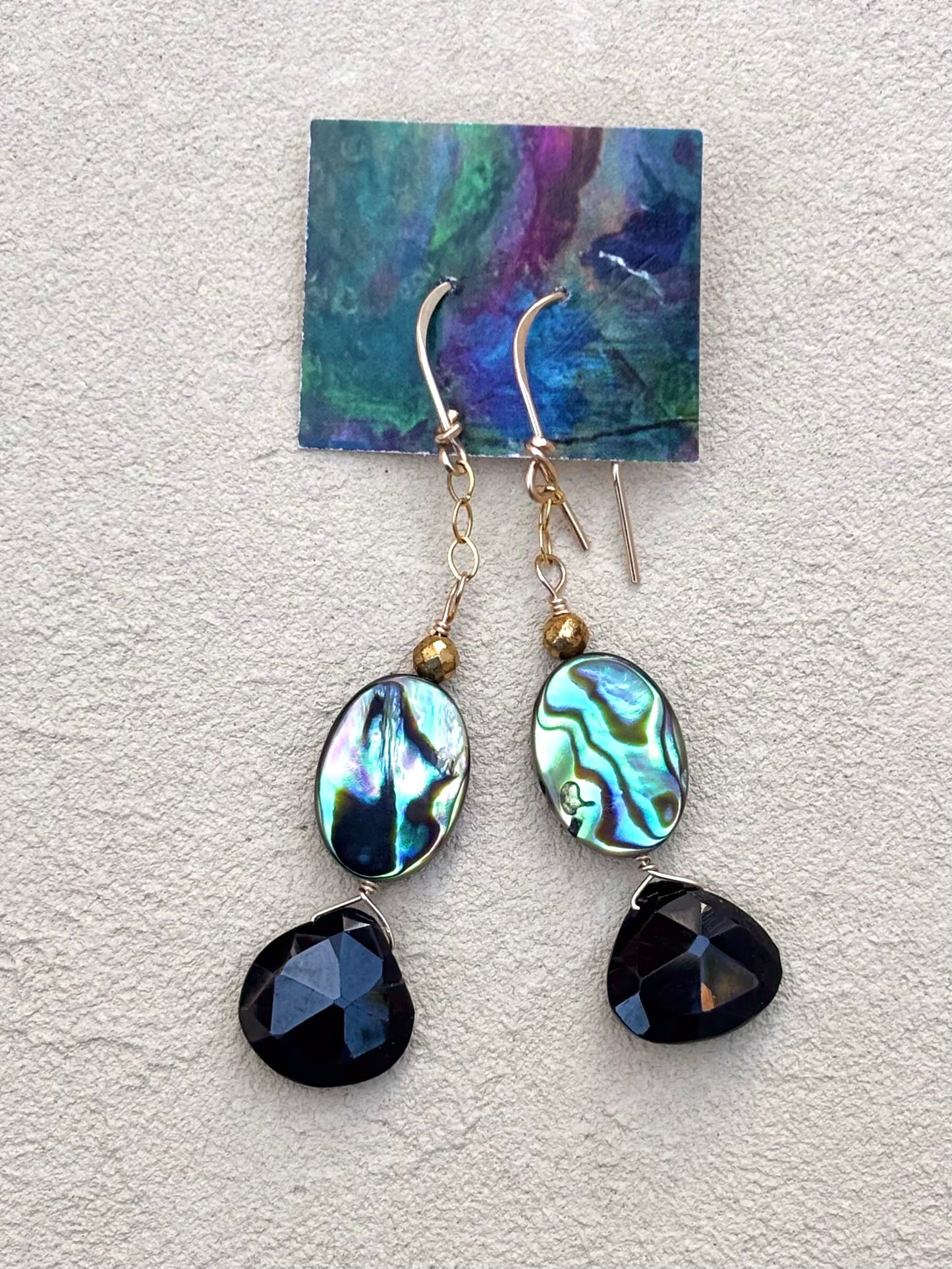 14K GF Abalone Shell Earrings Elise Peters Inventory Faceted Onyx and Abalone
