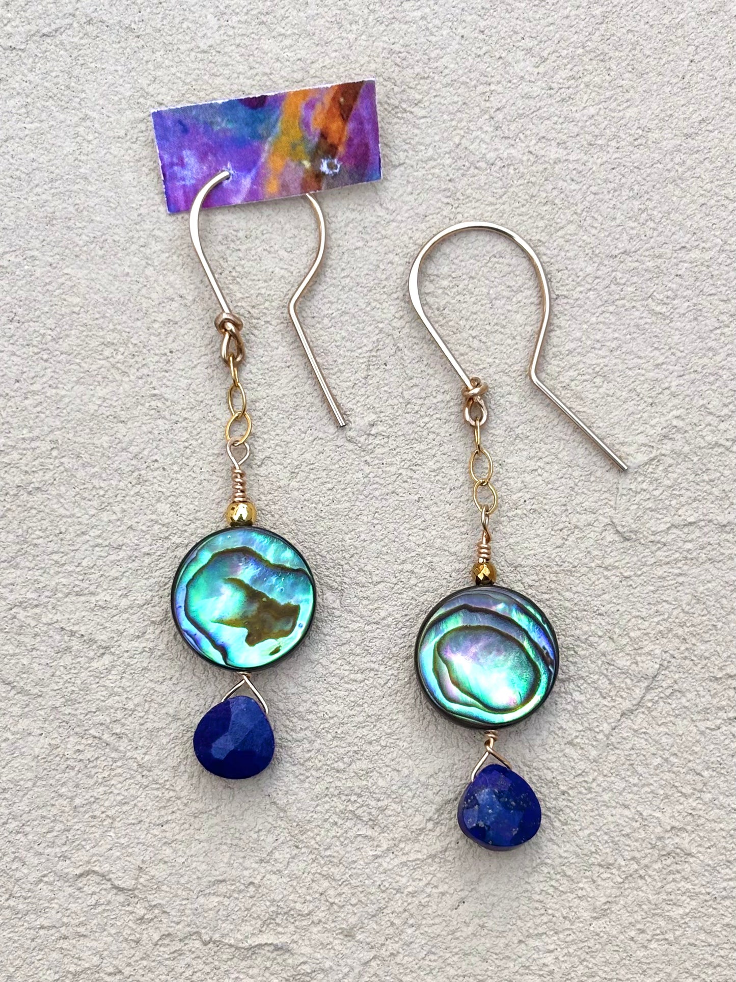 14K GF Abalone Shell Earrings Elise Peters Inventory Lapis and Round Abalone