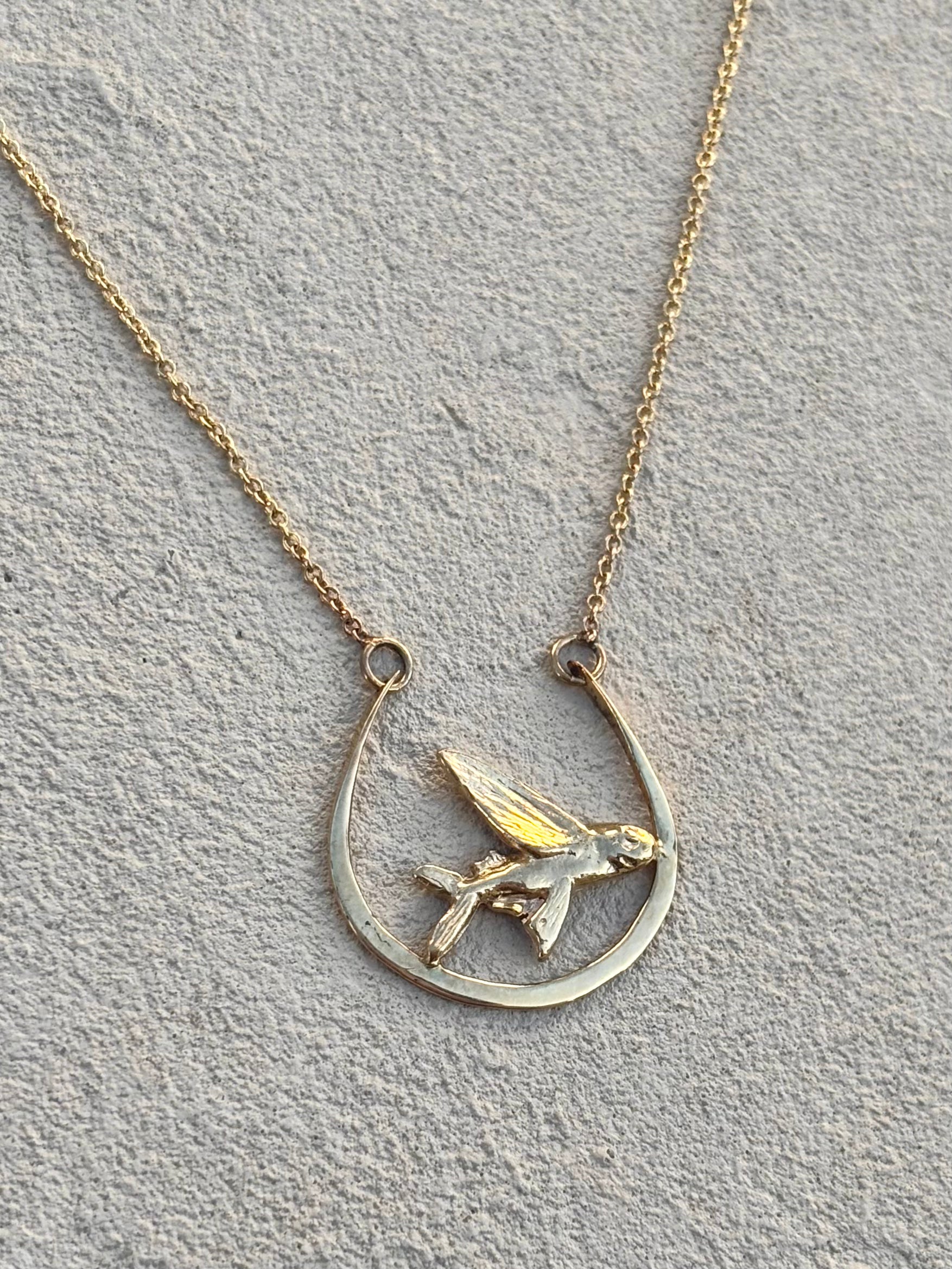 14K Yellow Gold Flying Fish Half Circle Necklace Michiko Inventory