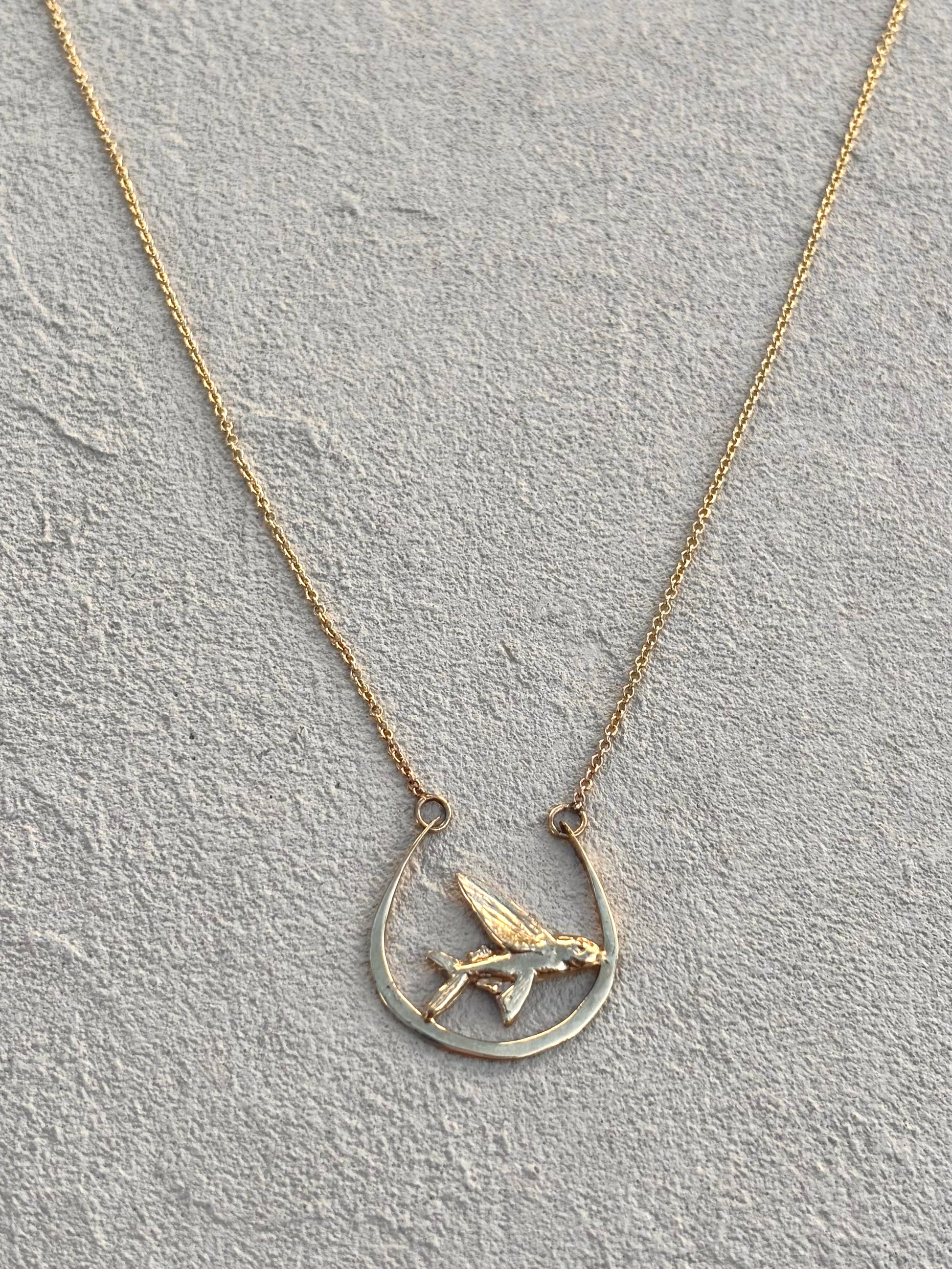14K Yellow Gold Flying Fish Half Circle Necklace Michiko Inventory
