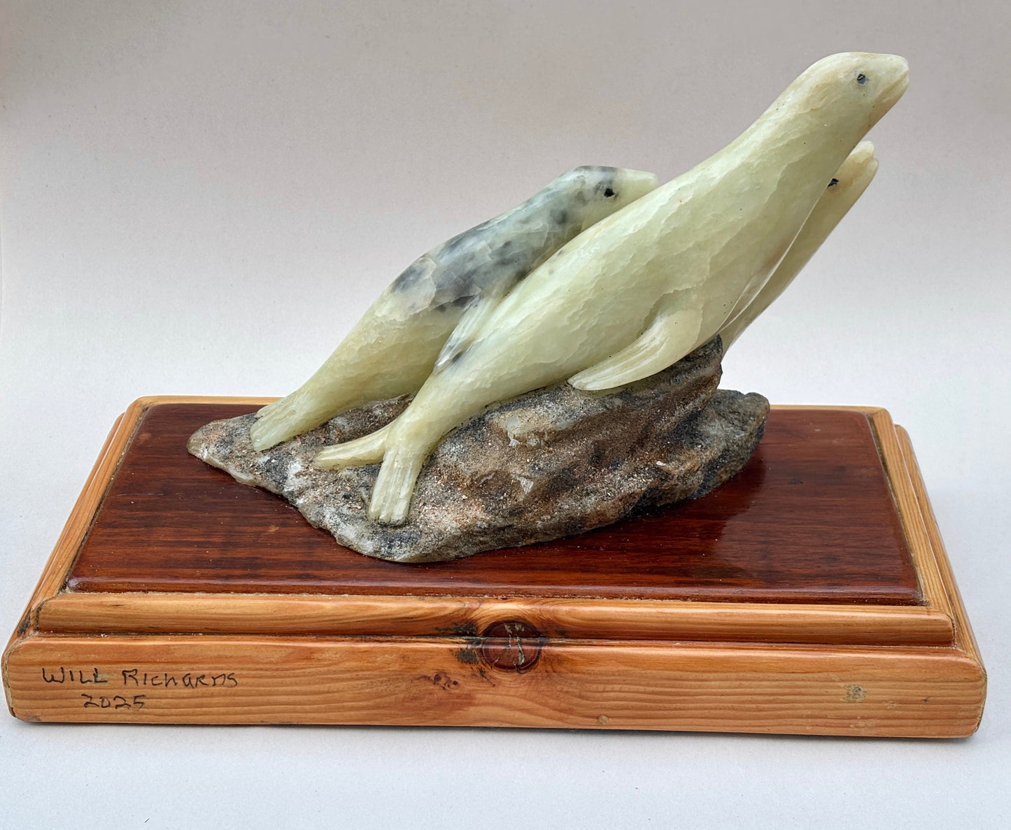 "3 Seals" Alabaster Stone Sculpture Will Richards Consignment
