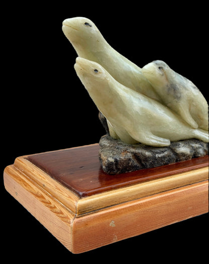 "3 Seals" Alabaster Stone Sculpture Will Richards Consignment