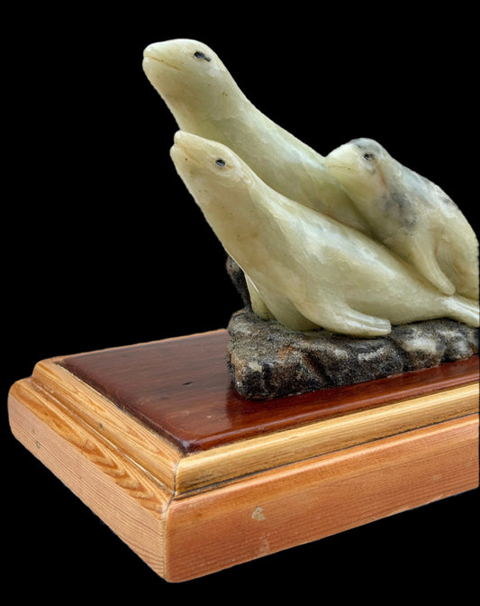 "3 Seals" Alabaster Stone Sculpture Will Richards Consignment