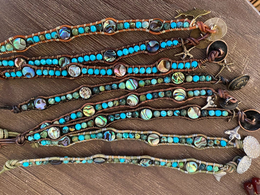 Abalone and Turquoise Leather Wrap Bracelets Heidi Duran Inventory