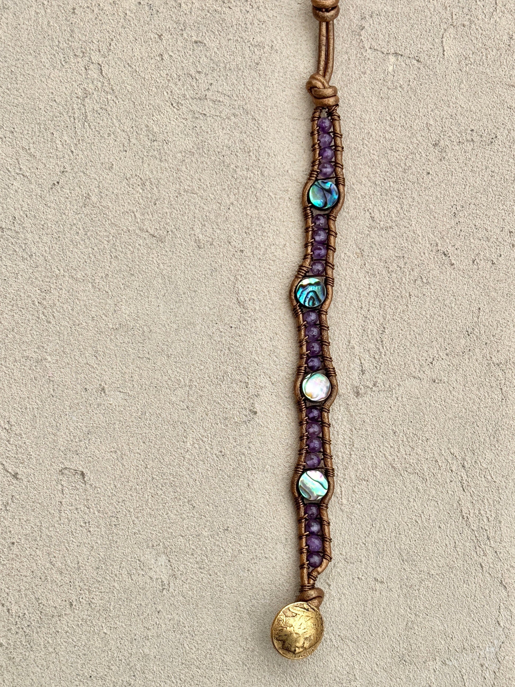 Abalone Shell and Stone Leather Wrap Bracelets Heidi Duran Inventory Abalone and Amethyst