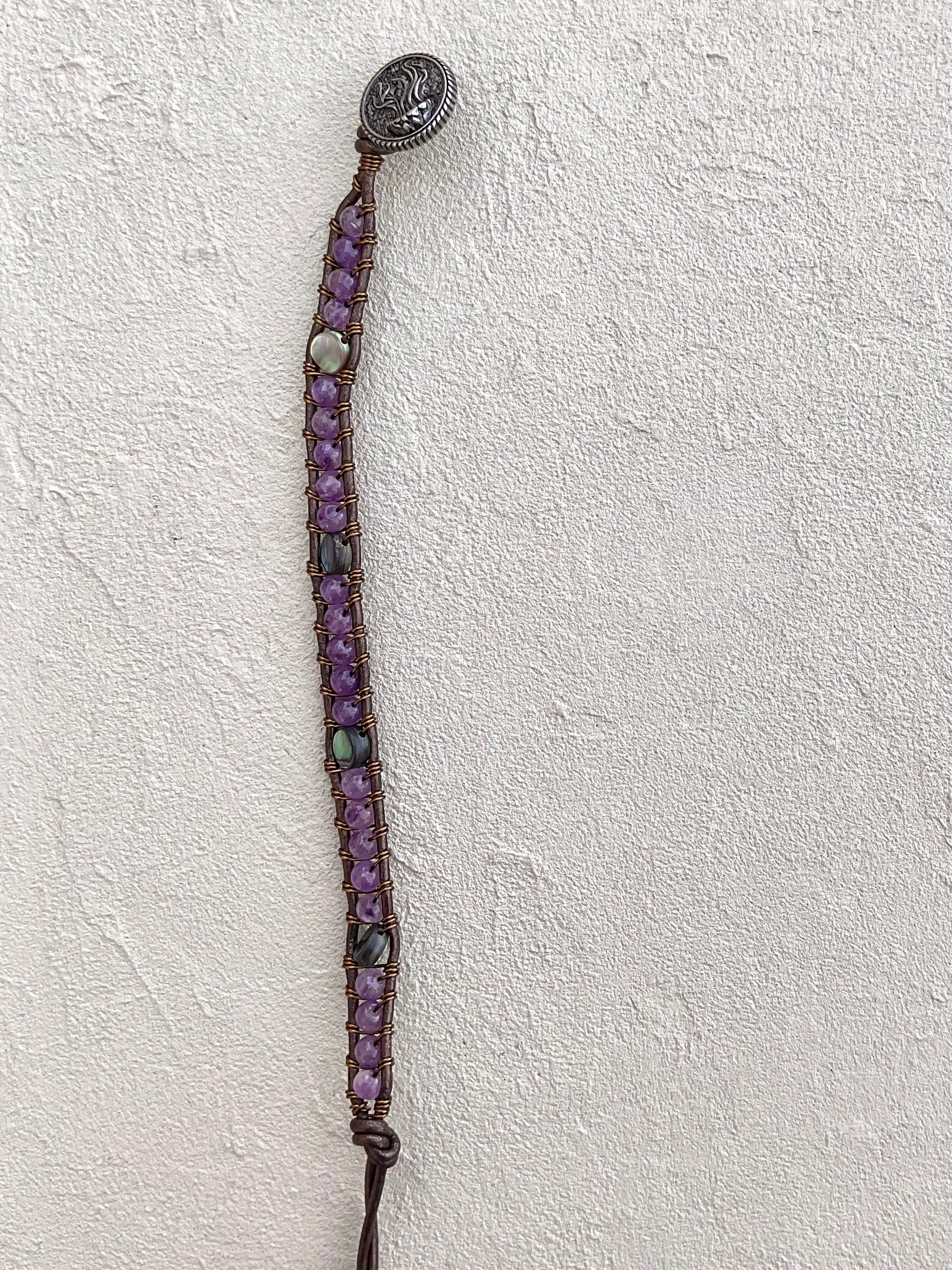Abalone Shell and Stone Leather Wrap Bracelets Heidi Duran Inventory Abalone and Amethyst