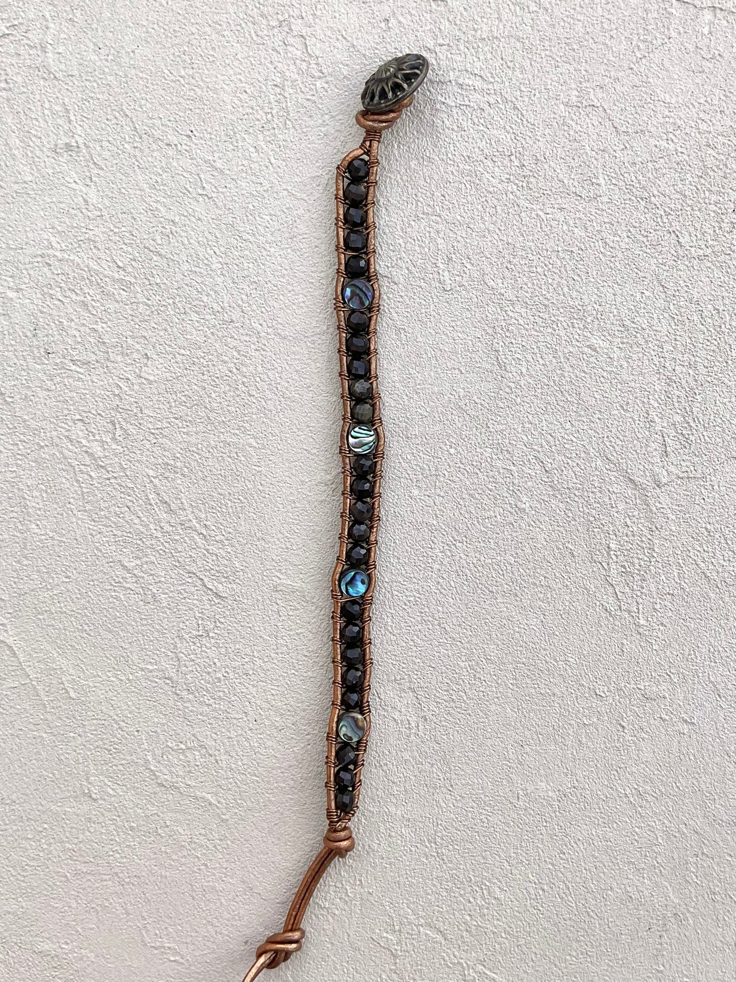 Abalone Shell and Stone Leather Wrap Bracelets Heidi Duran Inventory Abalone and Golden Obsidian - gold leather