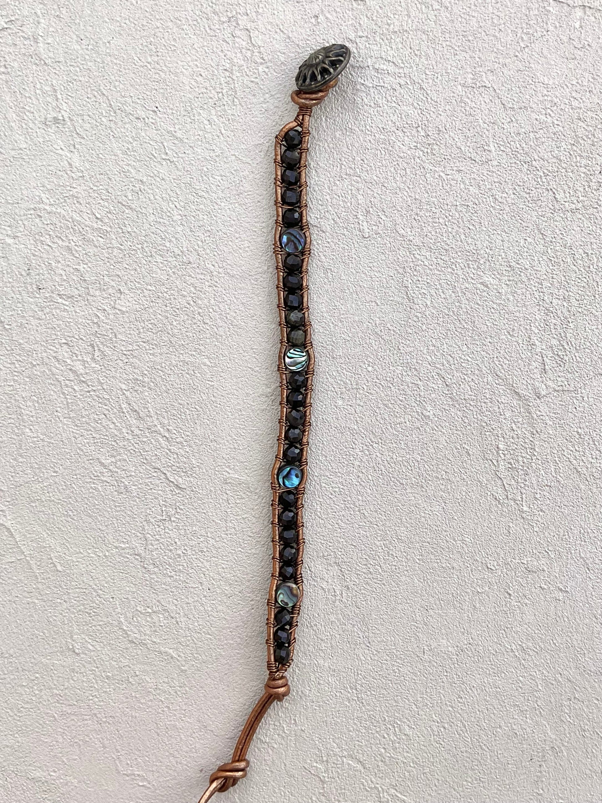 Abalone Shell and Stone Leather Wrap Bracelets Heidi Duran Inventory Abalone and Golden Obsidian - gold leather