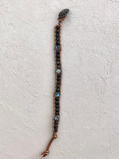 Abalone Shell and Stone Leather Wrap Bracelets Heidi Duran Inventory Abalone and Golden Obsidian - gold leather