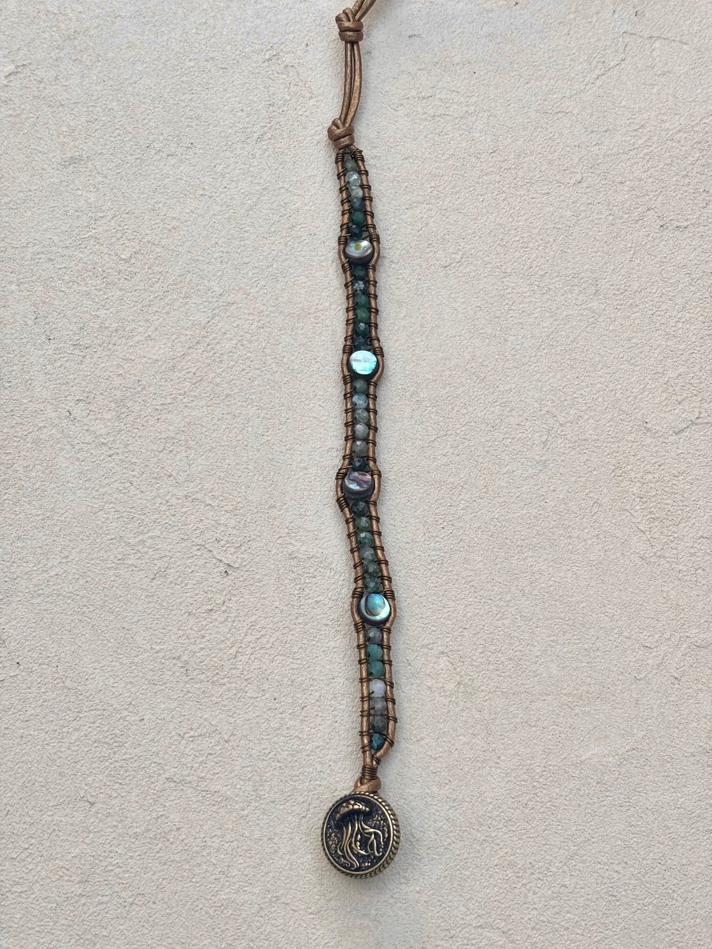 Abalone Shell and Stone Leather Wrap Bracelets Heidi Duran Inventory Abalone and Moss Agate