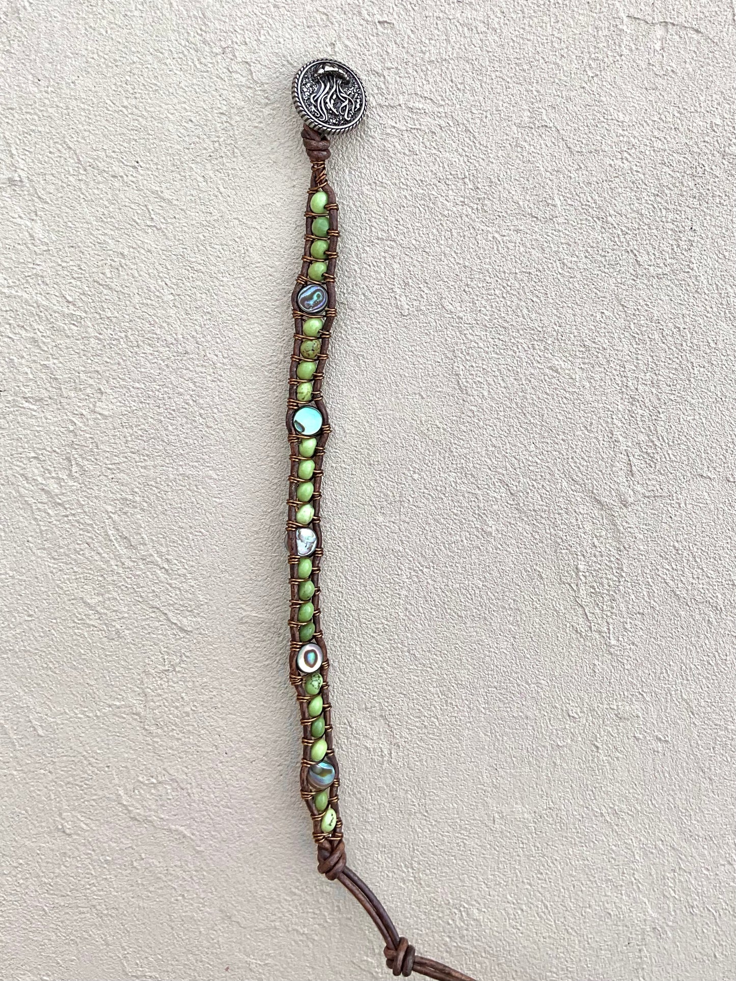 Abalone Shell and Stone Leather Wrap Bracelets Heidi Duran Inventory Abalone and Peridot