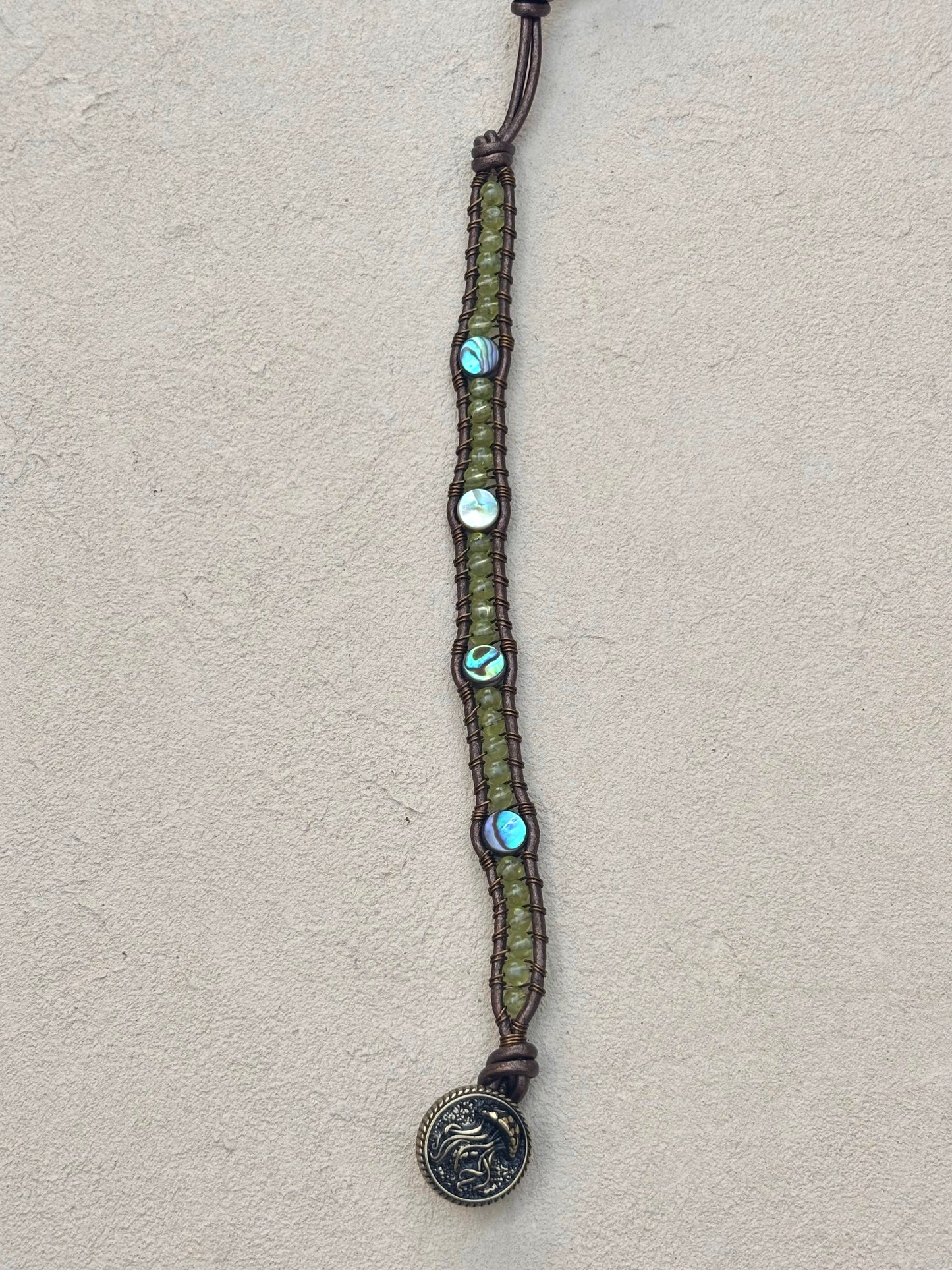 Abalone Shell and Stone Leather Wrap Bracelets Heidi Duran Inventory Abalone and Peridot