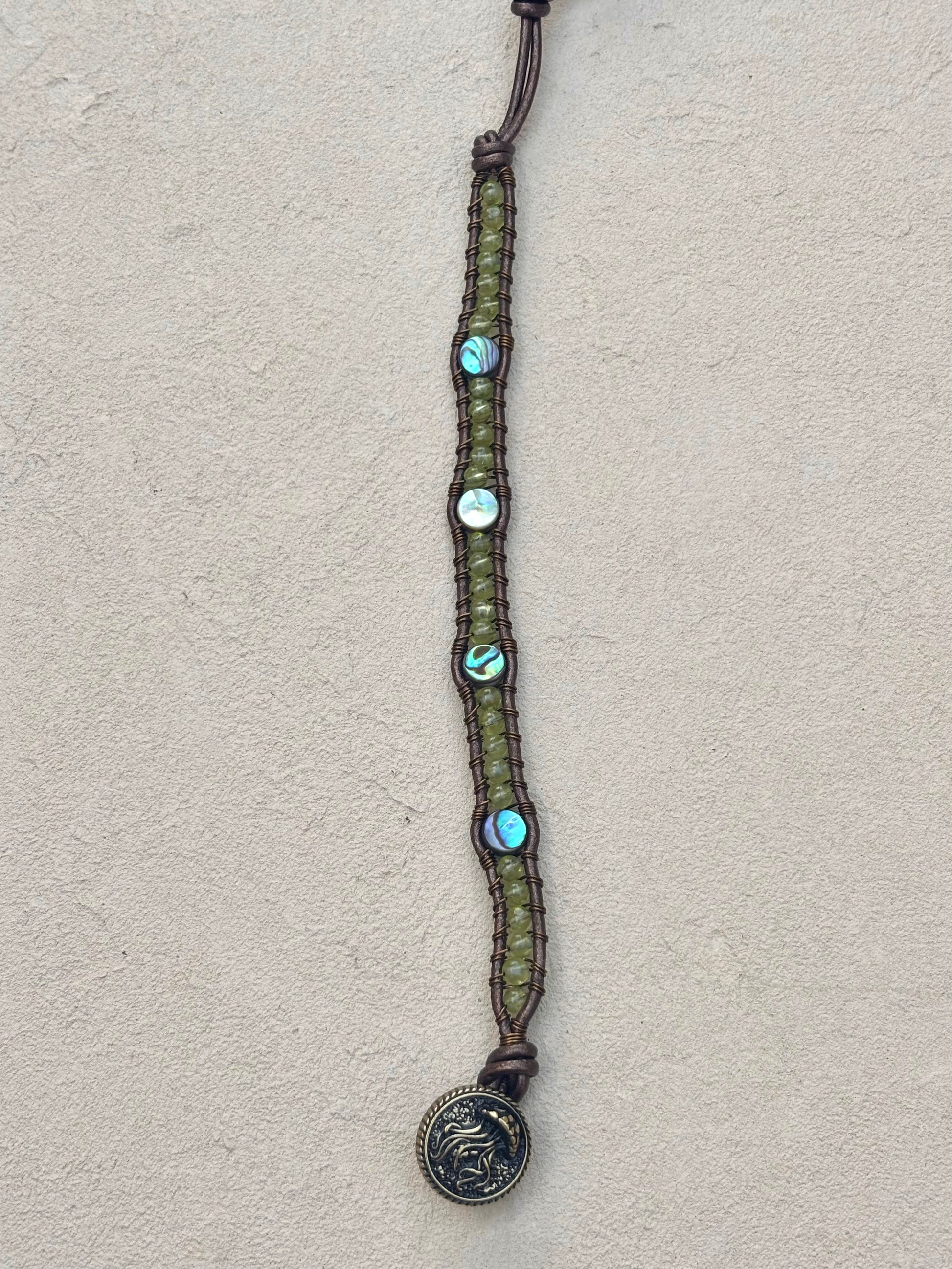 Abalone Shell and Stone Leather Wrap Bracelets Heidi Duran Inventory Abalone and Peridot