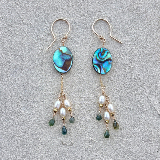 Abalone Shell Earrings Elise Peters Consignment 2" Oval Abalone w/ Peridot and Pearls