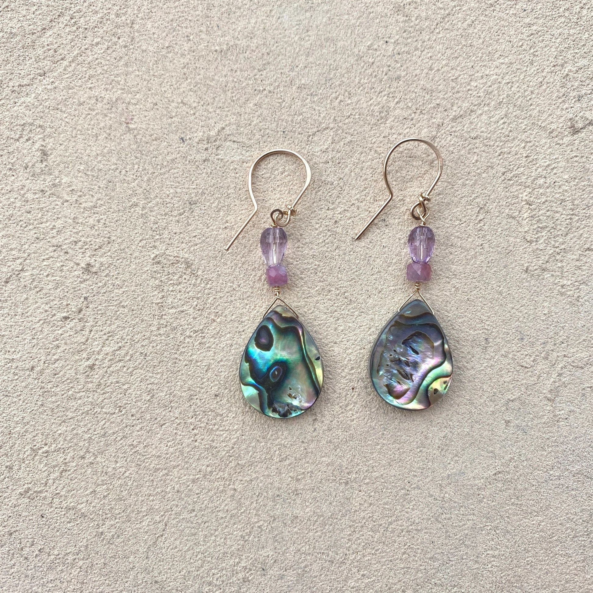 Abalone Shell Earrings Elise Peters Consignment 2" Tear Drop Abalone with Pink Tourmaline and Amethyst