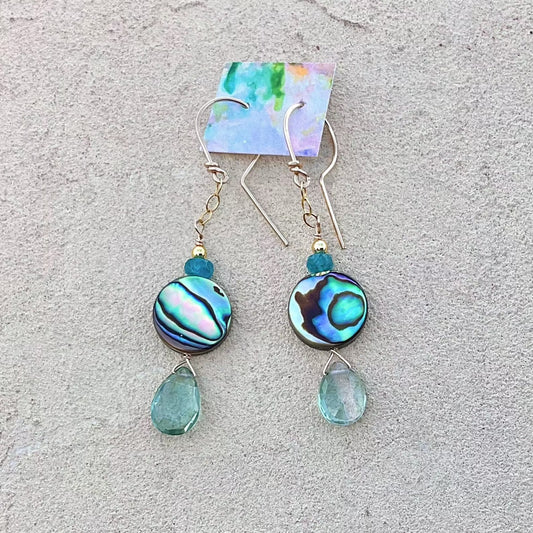 Abalone Shell Earrings Elise Peters Inventory 2 1/8" Tourmaline Apatite and Abalone