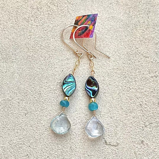 Abalone Shell Earrings Elise Peters Inventory 2.25" Apatite Aquamarine and Abalone
