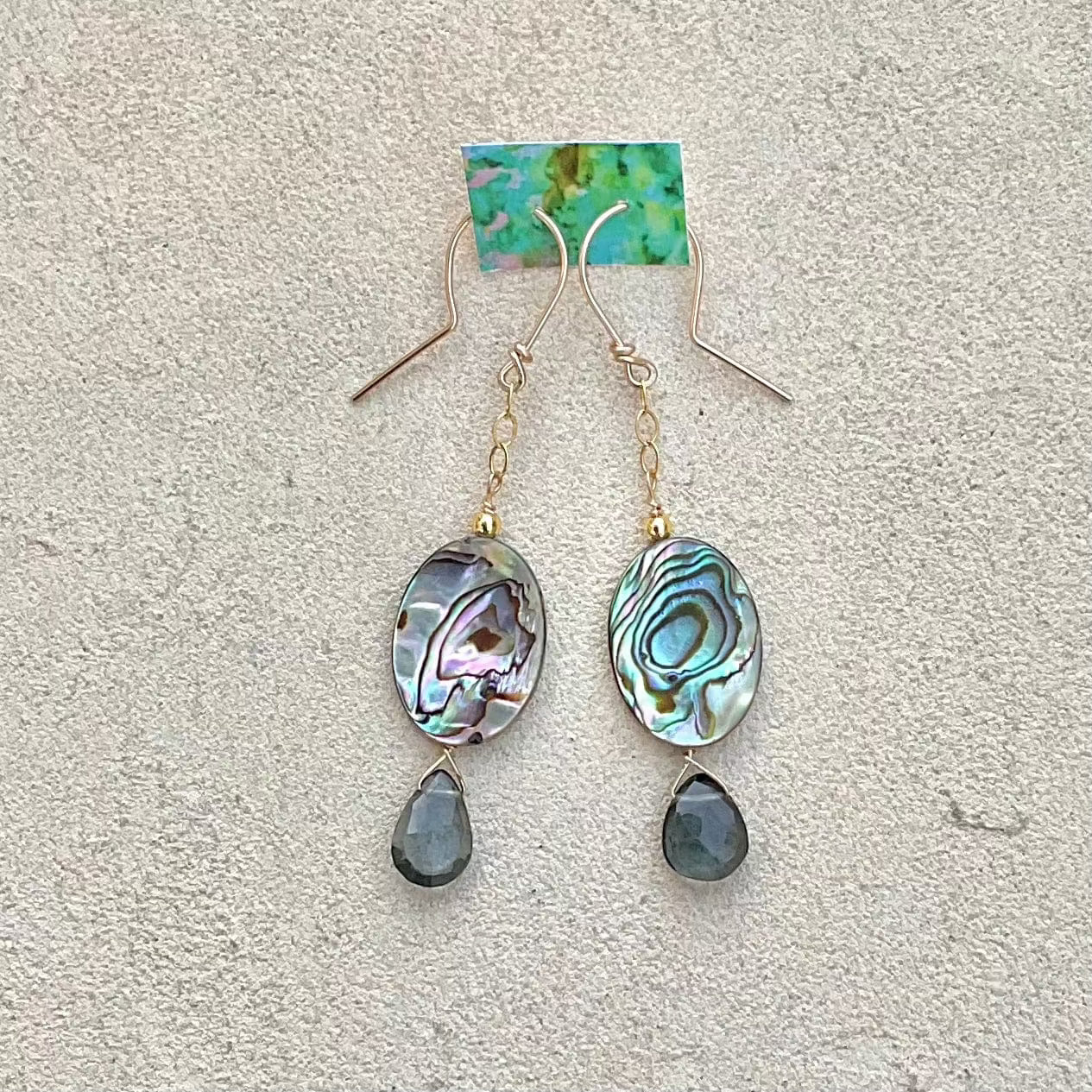 Abalone Shell Earrings Elise Peters Inventory 2.25" Tourmaline Briolette and Oval Abalone