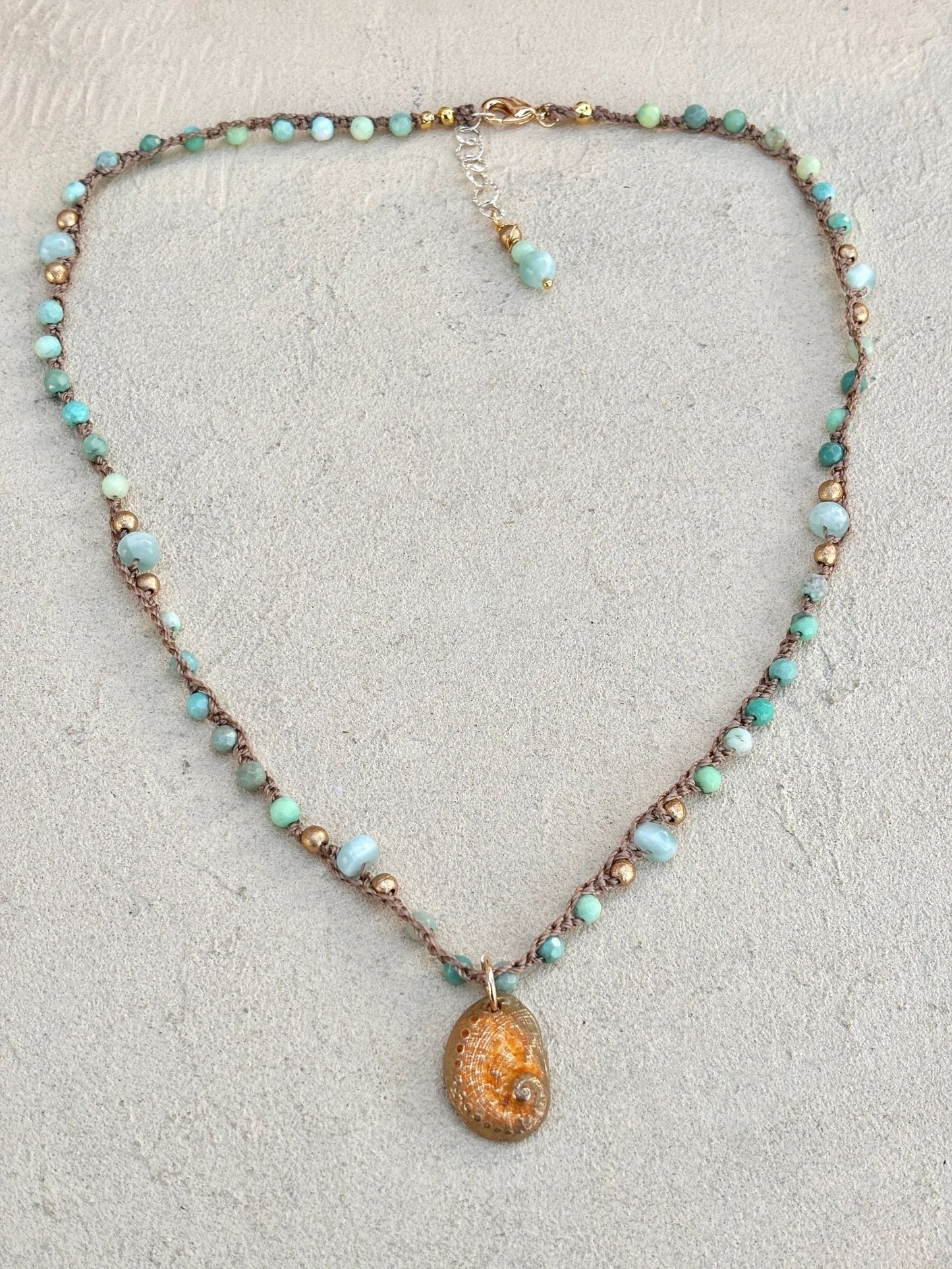 Abalone Shell Woven Necklace - Short Heidi Duran Inventory Green Agate and Green Moonstone