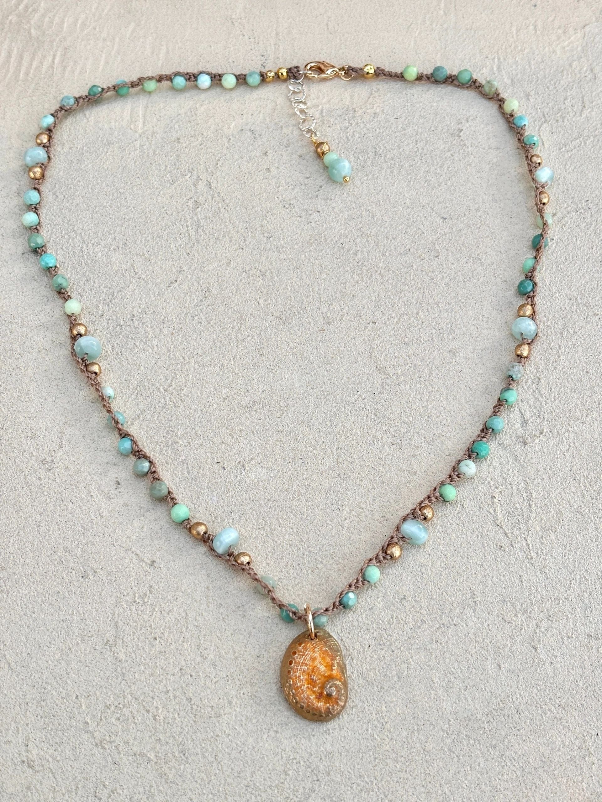 Abalone Shell Woven Necklace - Short Heidi Duran Inventory Green Agate and Green Moonstone