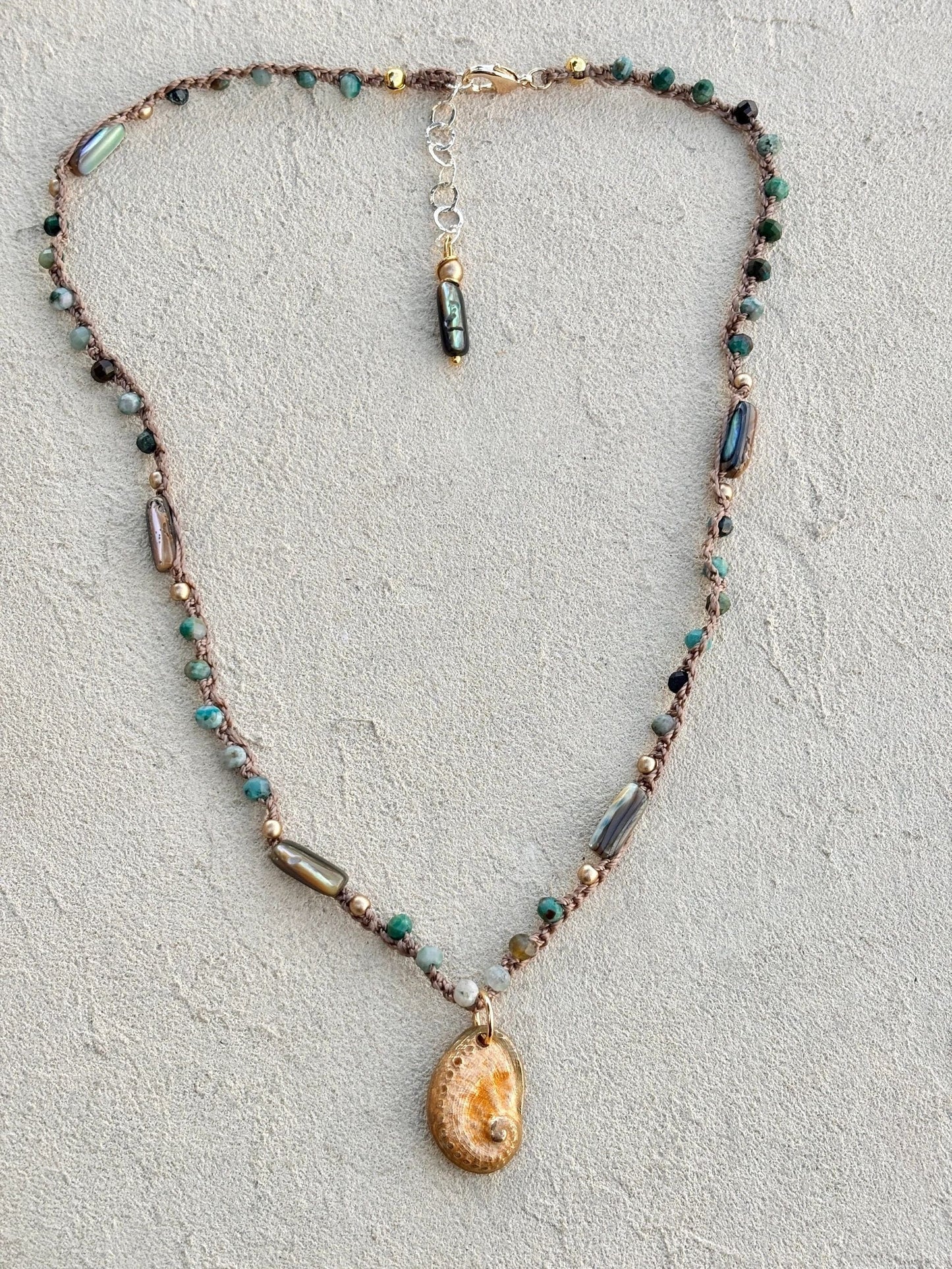 Abalone Shell Woven Necklace - Short Heidi Duran Inventory Green Agate and Green Moonstone