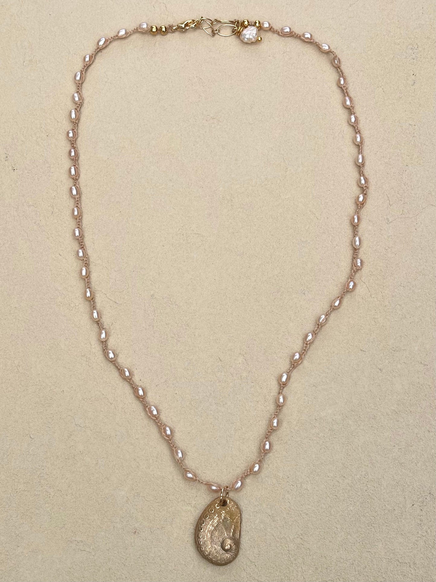 Abalone Shell Woven Necklace - Short Heidi Duran Inventory Tiny Pink Champagne Pearls