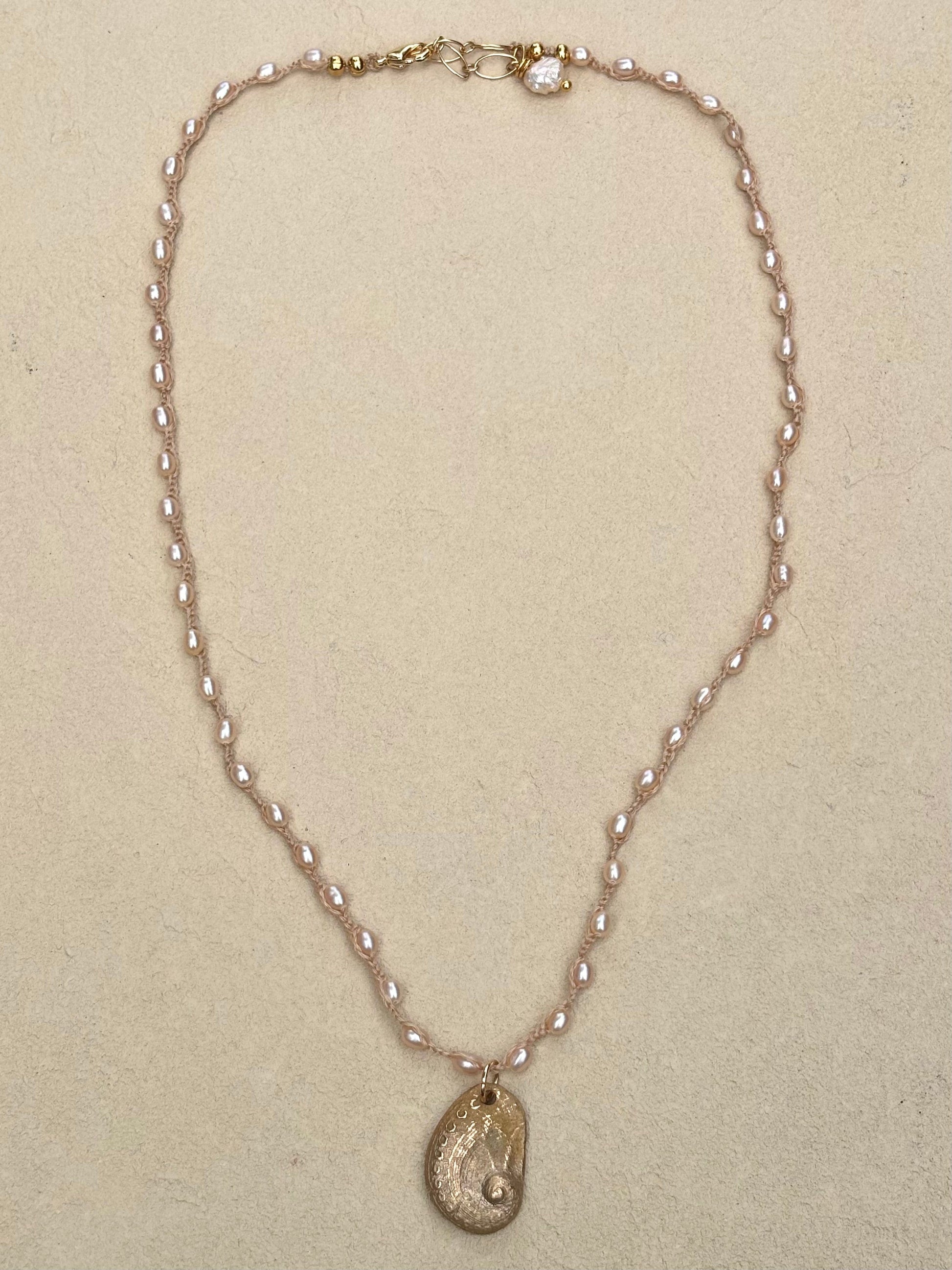 Abalone Shell Woven Necklace - Short Heidi Duran Inventory Tiny Pink Champagne Pearls