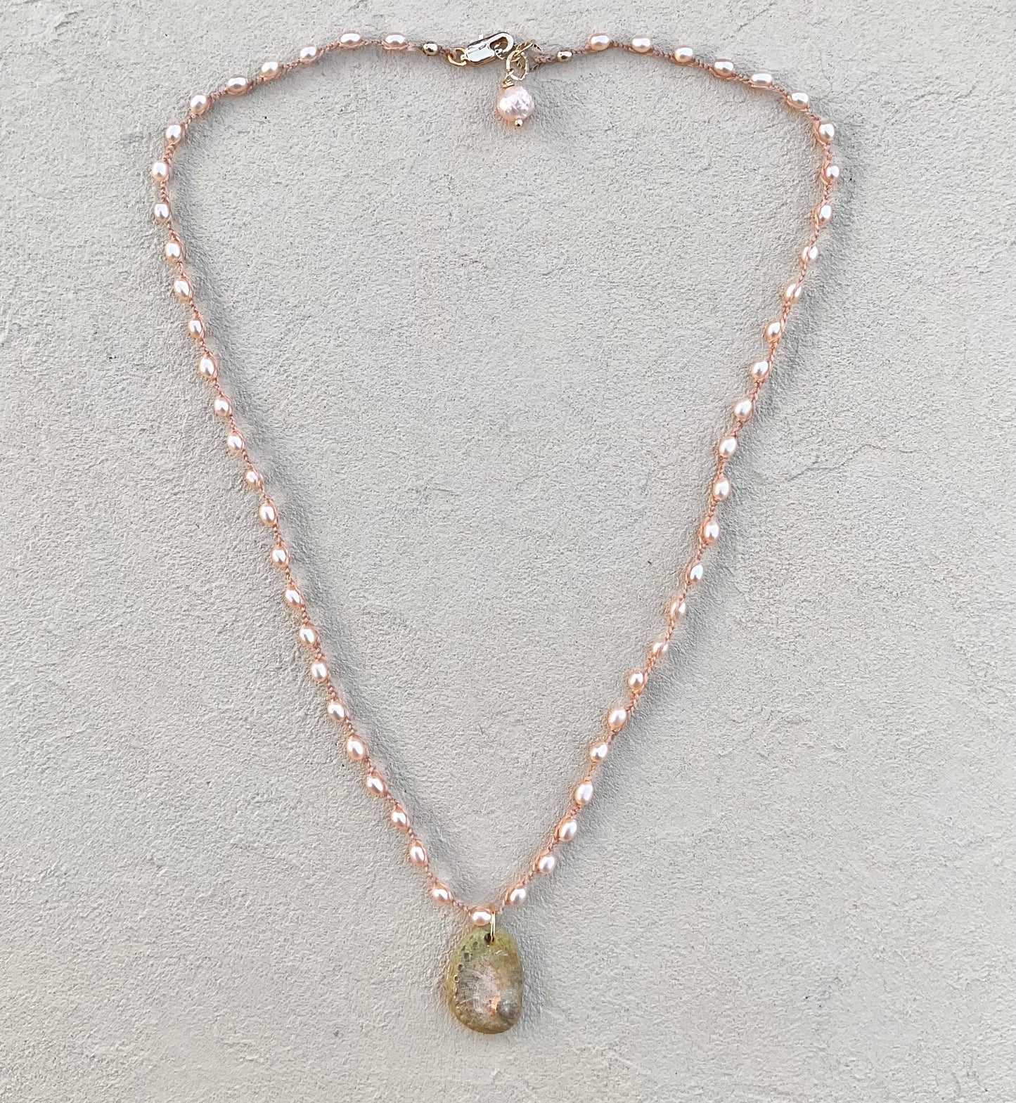 Abalone Shell Woven Necklace - Short Heidi Duran Inventory Tiny Pink Champagne Pearls