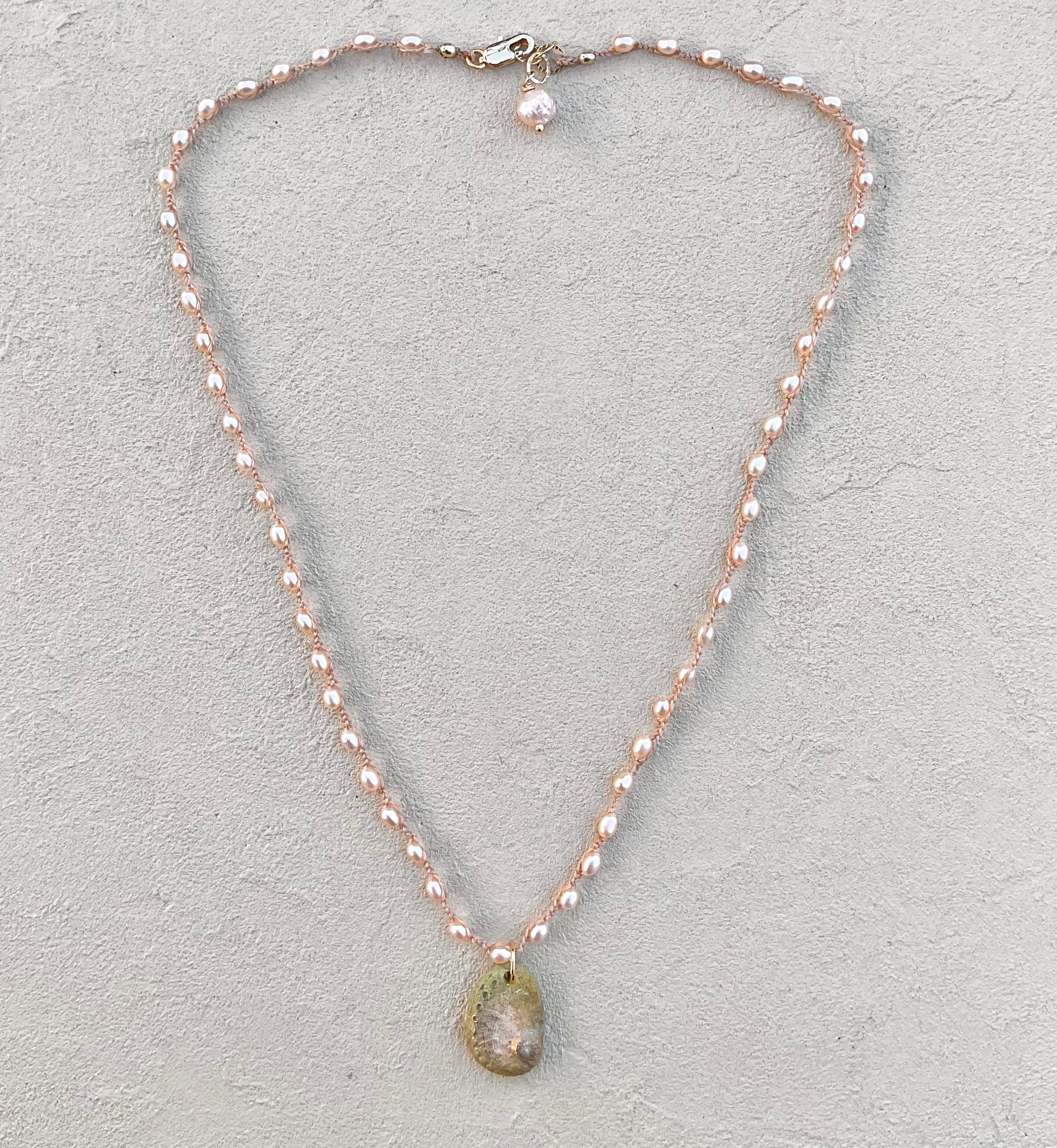 Abalone Shell Woven Necklace - Short Heidi Duran Inventory Tiny Pink Champagne Pearls