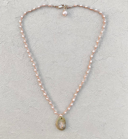 Abalone Shell Woven Necklace - Short Heidi Duran Inventory Tiny Pink Champagne Pearls