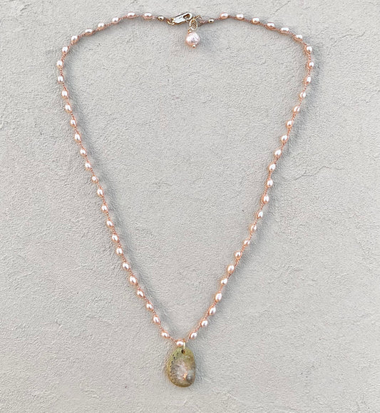 Abalone Shell Woven Necklace - Short Heidi Duran Inventory Tiny Pink Champagne Pearls