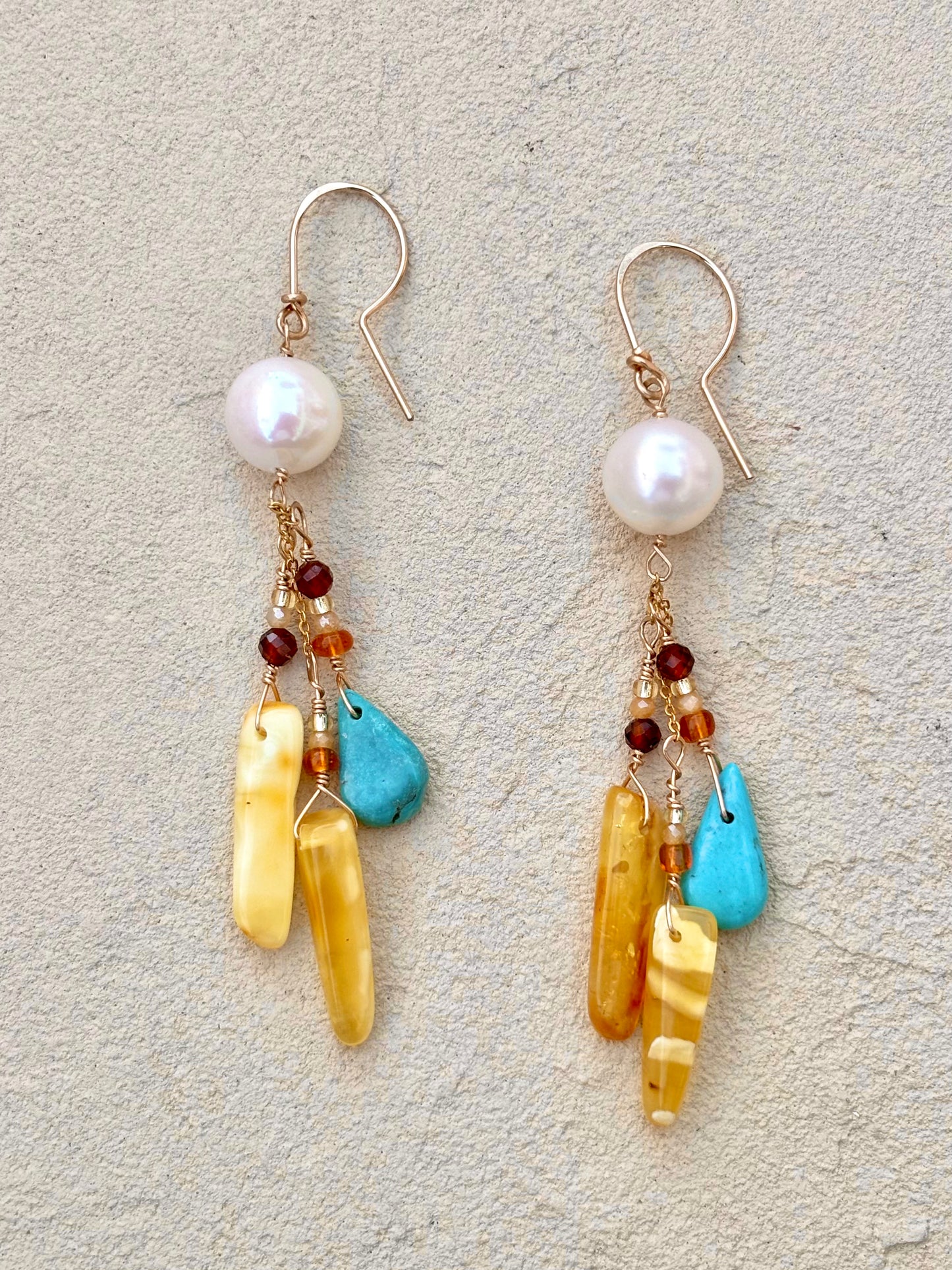 Amber, Turquoise and Pearl 14K GF Earrings Elise Peters Inventory