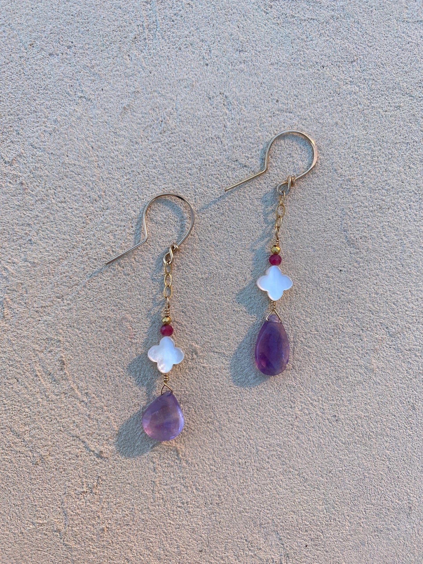 Amethyst Earrings with Semi-Precious Stone Elise Peters Consignment Ruby, Mother of Pearl and Amethyst