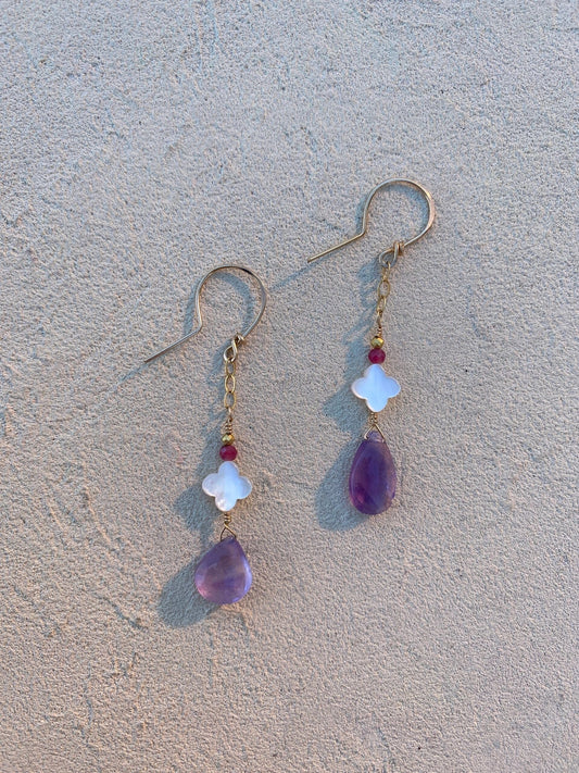 Amethyst Earrings with Semi-Precious Stone Elise Peters Consignment Ruby, Mother of Pearl and Amethyst