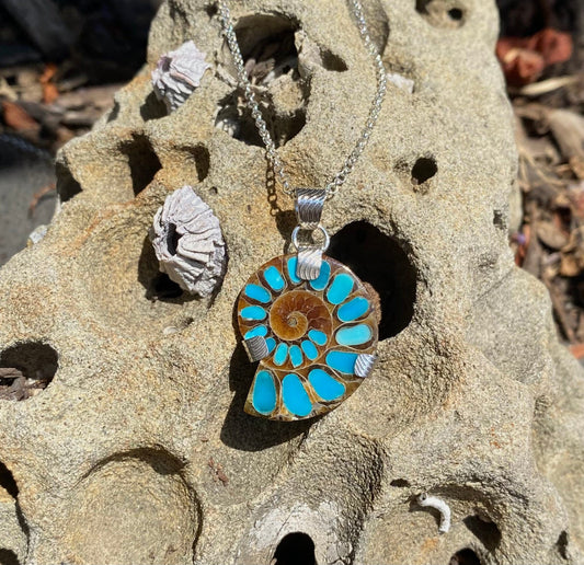 Ammonite with Turquoise Inlay Sterling Silver Necklace Amy Jahn Consignment