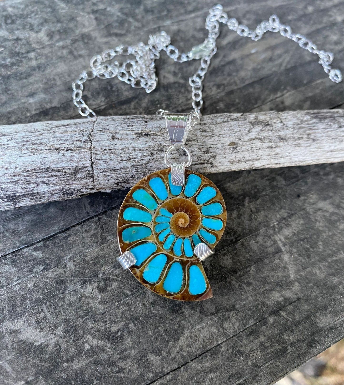 Ammonite with Turquoise Inlay Sterling Silver Necklace Amy Jahn Consignment