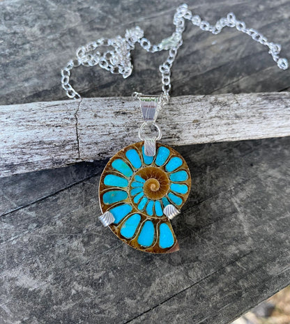 Ammonite with Turquoise Inlay Sterling Silver Necklace Amy Jahn Consignment