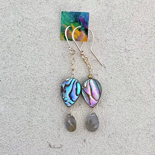 Aquamarine and Labradorite 14K GF Earrings Elise Peters Inventory Labradorite and Abalone