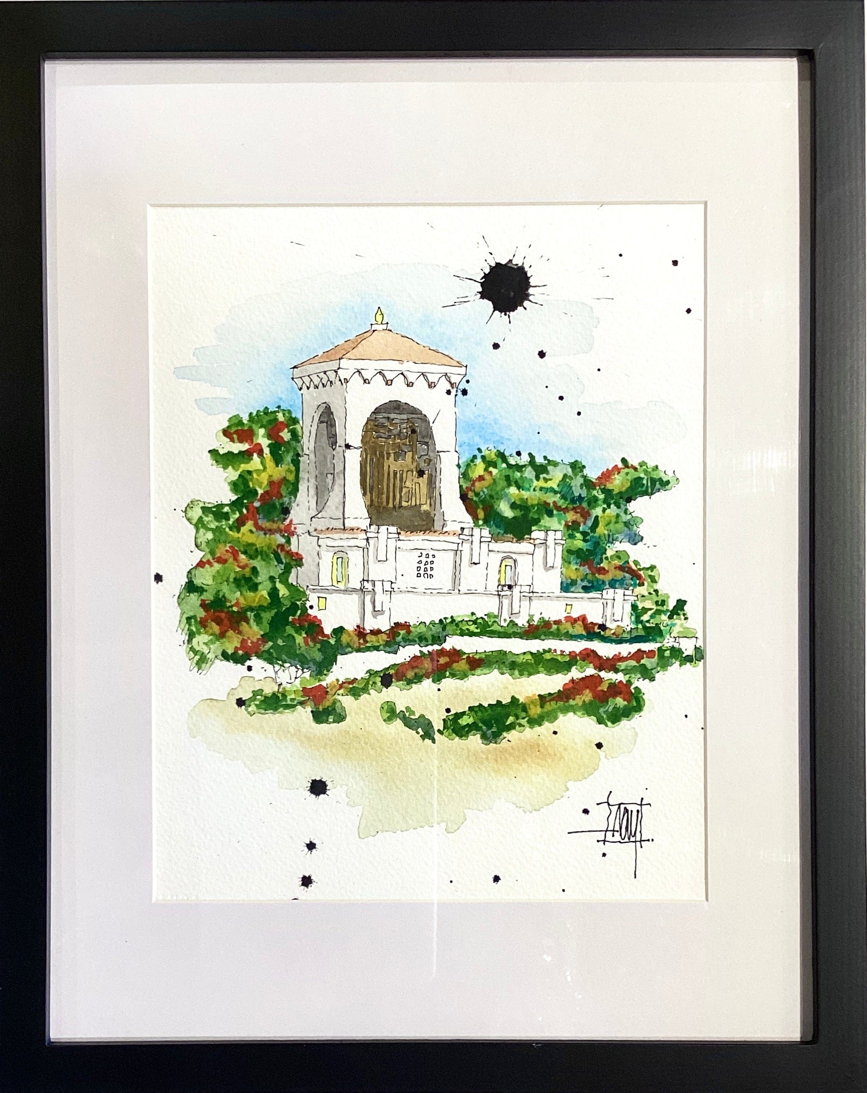 "Avalon Bell Tower" Original Watercolor and Ink Painting Ray Hart Consignment