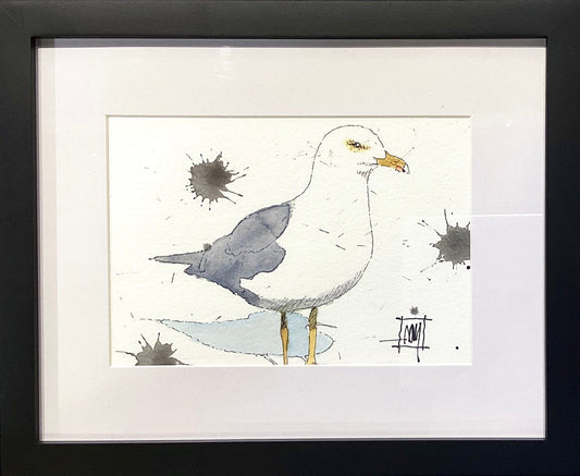 "Avalon Seagull" Original Watercolor and Ink Painting - Framed Ray Hart Consignment