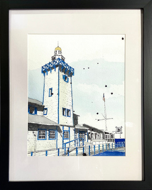 "Avalon Yacht Club" Original Watercolor and Ink Painting Ray Hart Consignment
